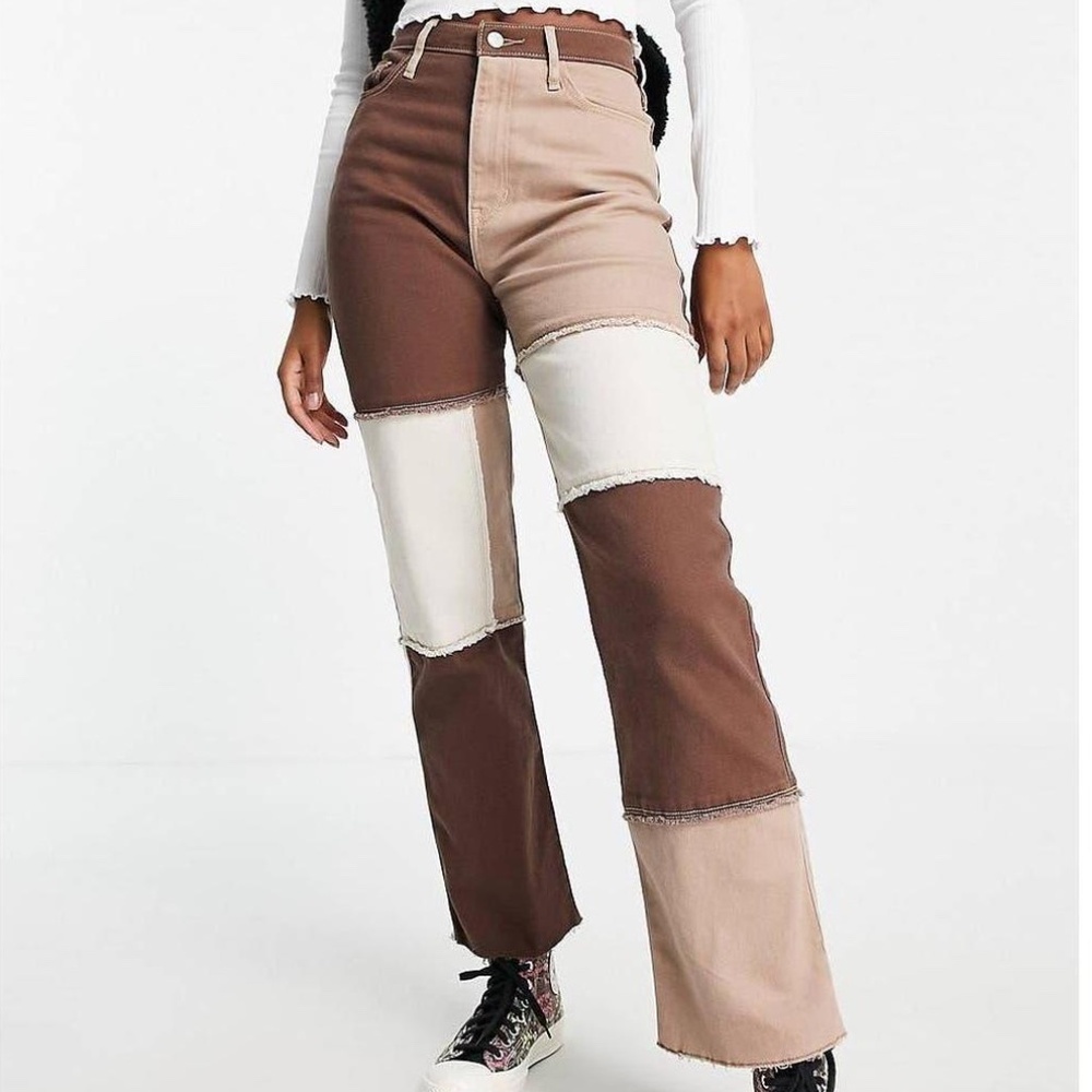 Hollister Women's Ultra High Rise Dad Jeans w/ Brown Patchwork